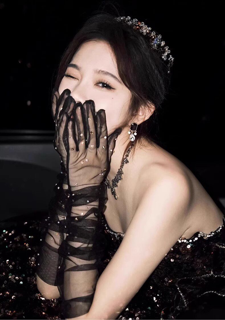 Gothic Black Rhinestone Bridal Gloves - 52cm Opera Length Sheer Mesh Evening Gloves - Vintage Hollywood Sparkly Prom & Party Long Mittens LUNA-X326