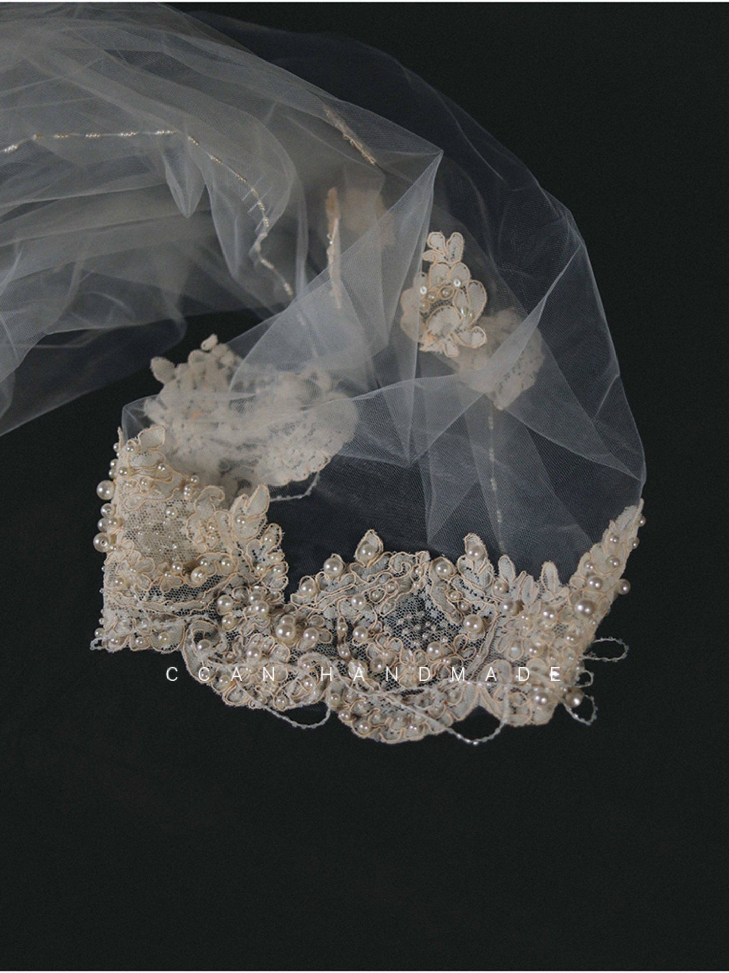 Luxury Juliet Cap Bridal Veil - Vintage Edwardian Pearl-Encrusted Wedding Hair Piece - Royal Lace Bridal Cap Veil with Scalloped Drapes  LUNA-X329