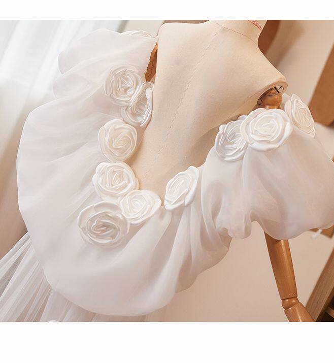 Romantic 3D Rose Bridal Cape Veil - Dramatic Puff Sleeve Wedding Capelet - Luxury Satin Floral Cathedral Train Shawl LUNA-X234