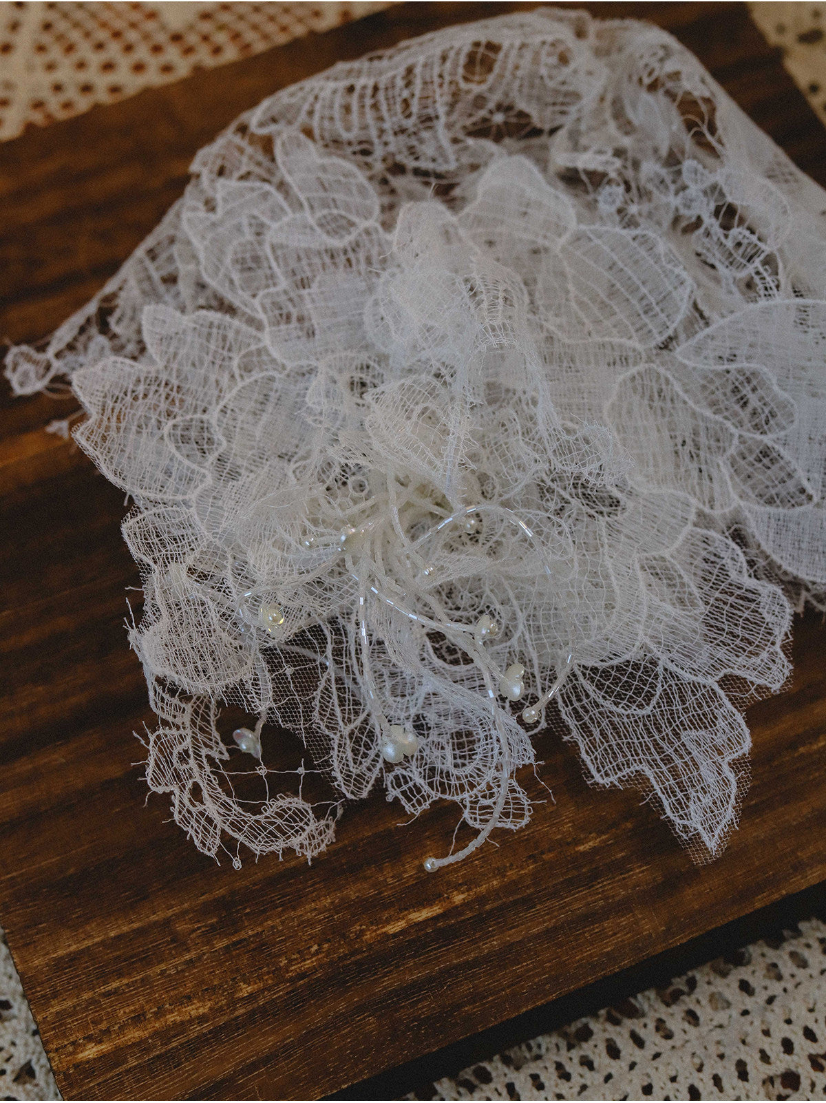 Vintage 1920s Juliet Cap Bridal Veil - Statement Chantilly Lace Wedding Headband - Luxury 3D Floral Flapper Headpiece with Pearl Droplets  LUNA-X330