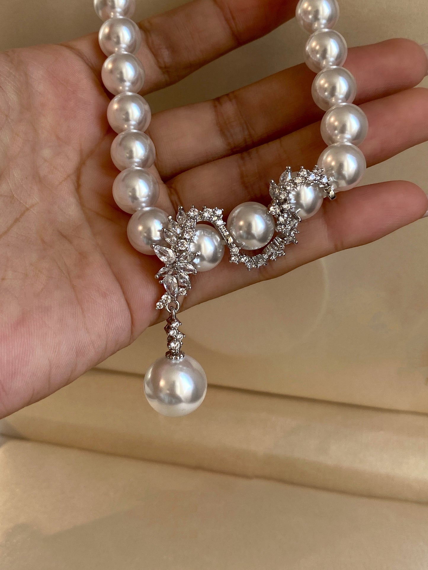 Y Drop Australian White Pearl Strand Necklace for Bridal Women, 8mm & 10mm Cool Luster Pearl with Floral Cubic Zirconia Accents 45cm Collarbone Chain Formal Wedding Evening Party Fine Jewelry Gift  LUNA-X292