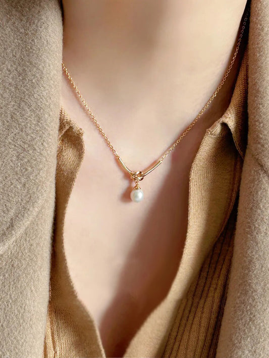 Women’s Knot Natural Pearl Pendant Necklace, Vintage Gold Plated Dainty Minimalist Daily & Bridal Jewelry Gift LUNA-X239