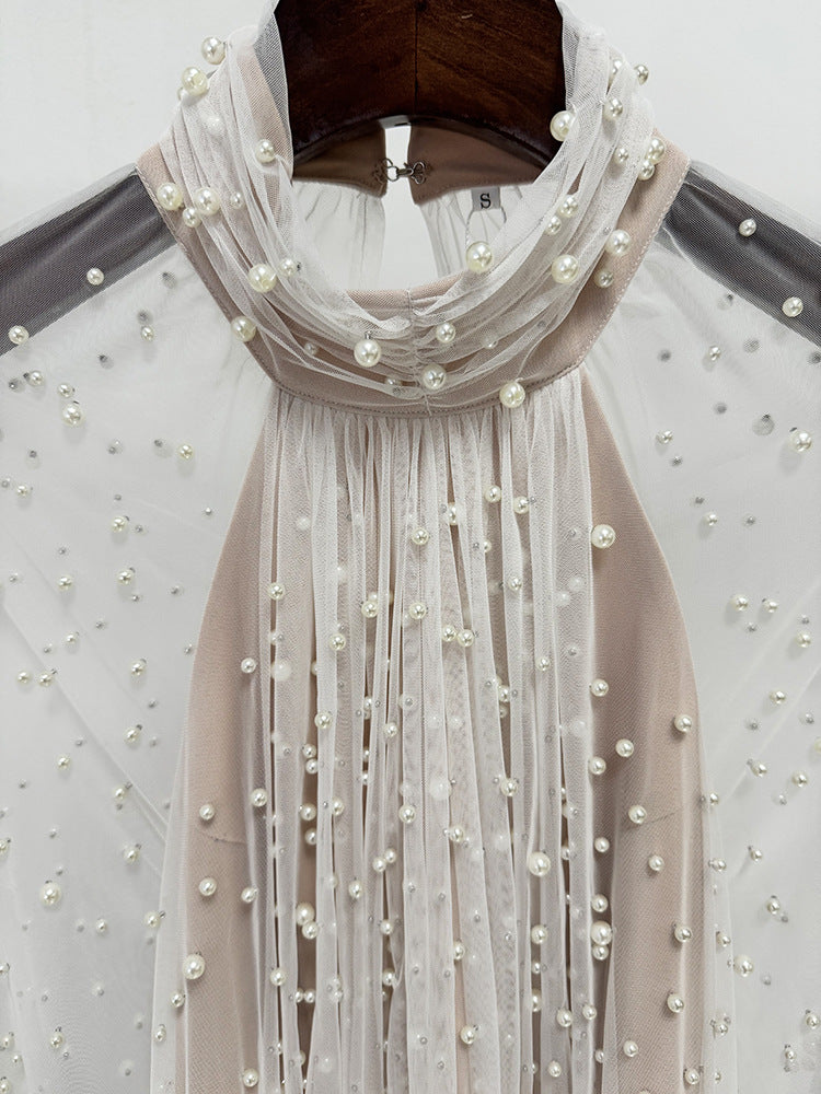 Ethereal Pearl Beaded Bridal Cape Dress - Halter Neck Open Back Wedding Reception Gown - Luxury Pearlcore Floor-Length Bridal Dress  LUNA-X233