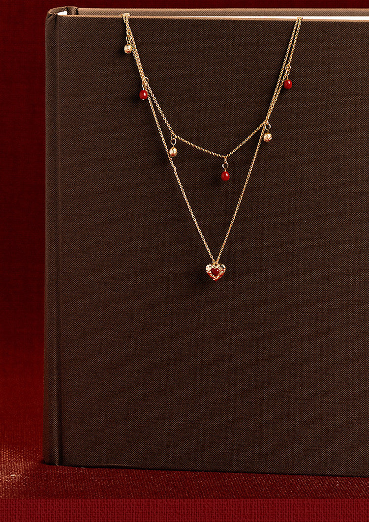 18K Gold Plated Hammered Red Enamel Heart Pendant Necklace For Women Dainty Adjustable 40+5cm Cable Chain Minimalist Romantic Valentines Daily Layering Jewelry Gift For Girlfriend LUNA-X278