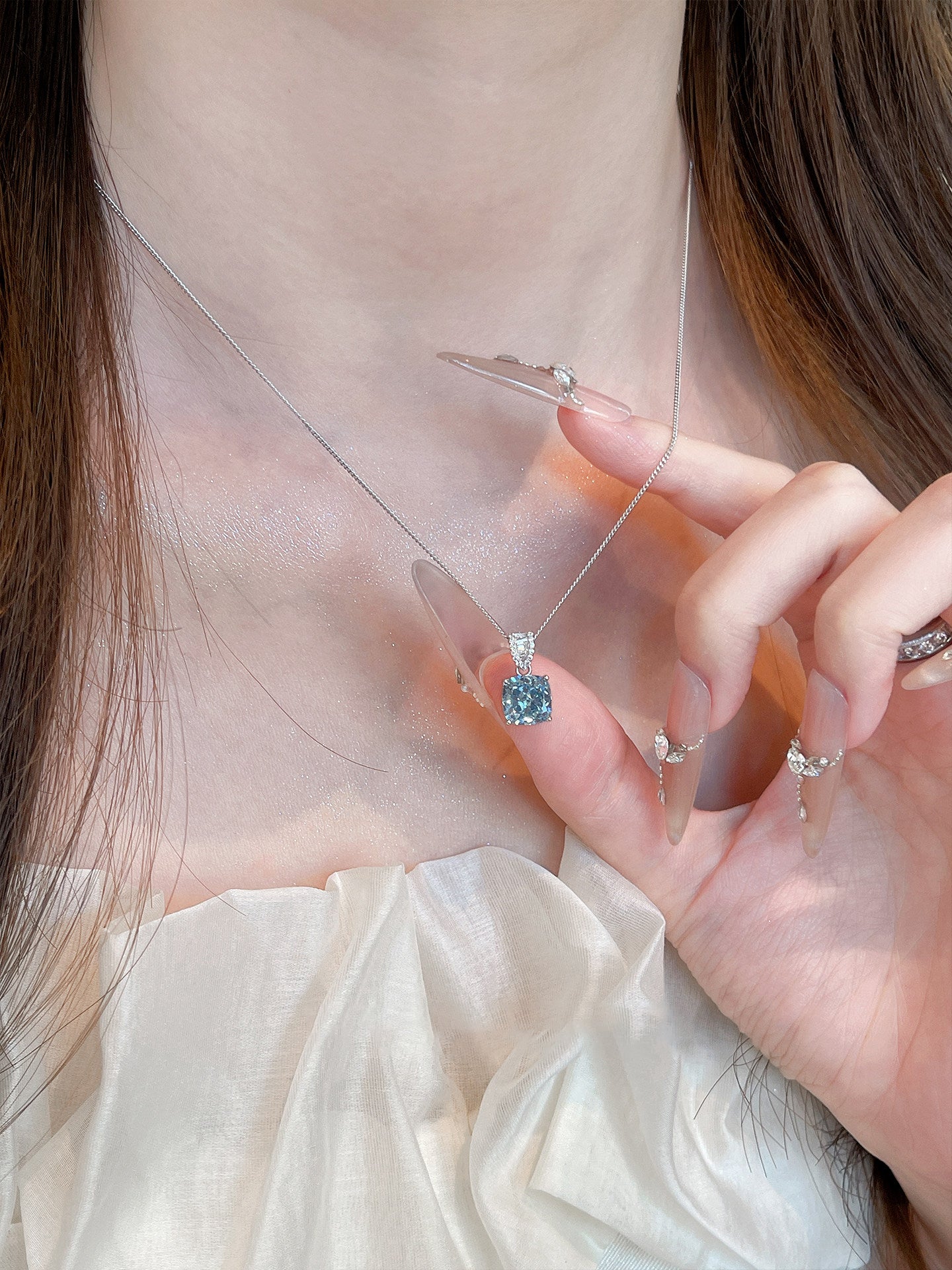 Square Aquamarine Blue Cubic Zirconia Pendant Necklace S925 Sterling Silver Dainty Thin Chain Women Wedding Daily Jewelry Gift   LUNA-X236