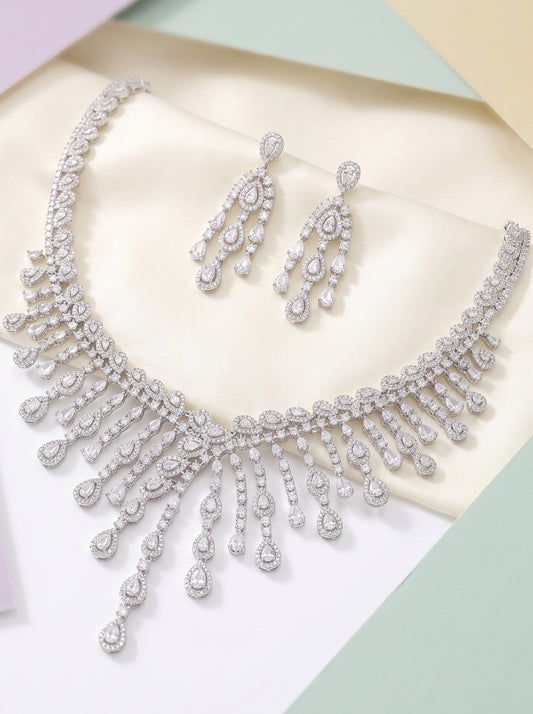 Luxury Full Zircon Fringe Necklace & Earring Set - Handmade Precision Prong Setting AAA Zircon Bridal Jewelry (46cm)LUNA-X150