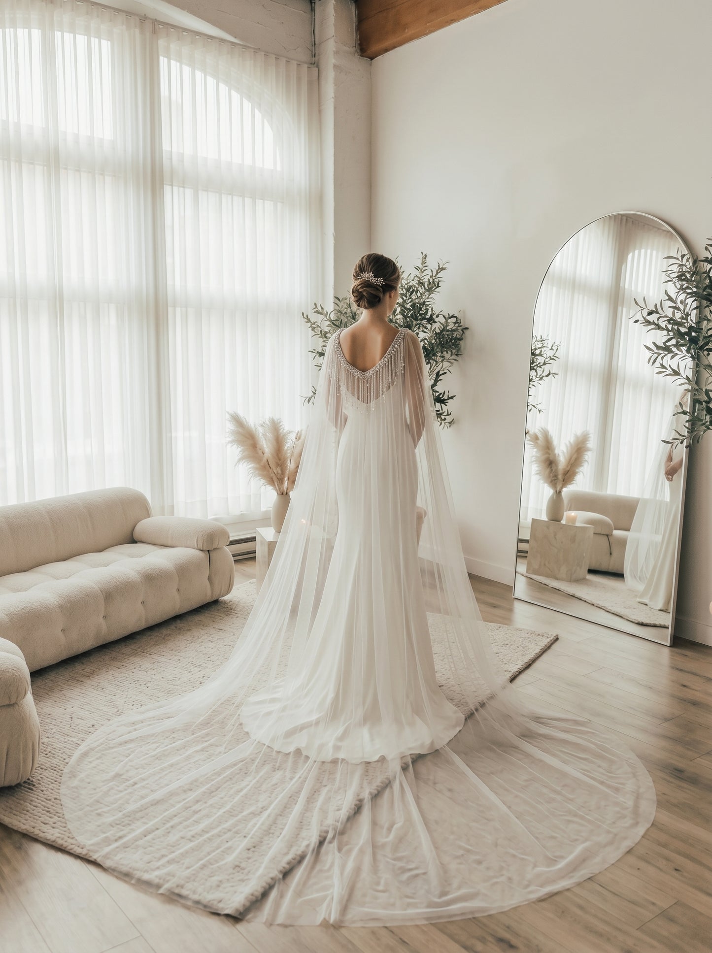 Sparkly Sequin Tassel Bridal Cape Veil - 118 Inch Cathedral Length Wedding Cape Soft Tulle Cathedral Bridal Train Shawl LUNA-X232