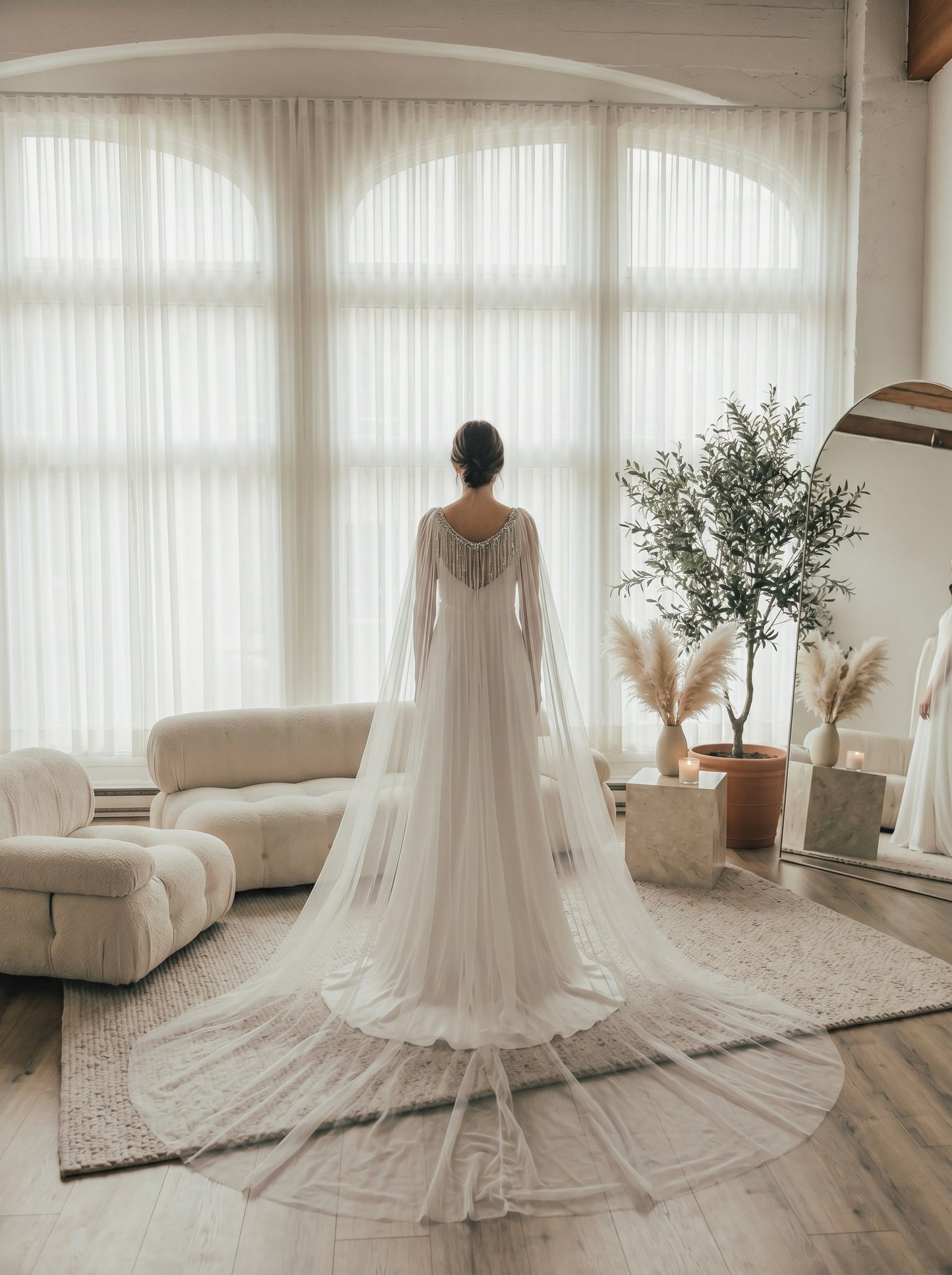 Sparkly Sequin Tassel Bridal Cape Veil - 118 Inch Cathedral Length Wedding Cape Soft Tulle Cathedral Bridal Train Shawl LUNA-X232