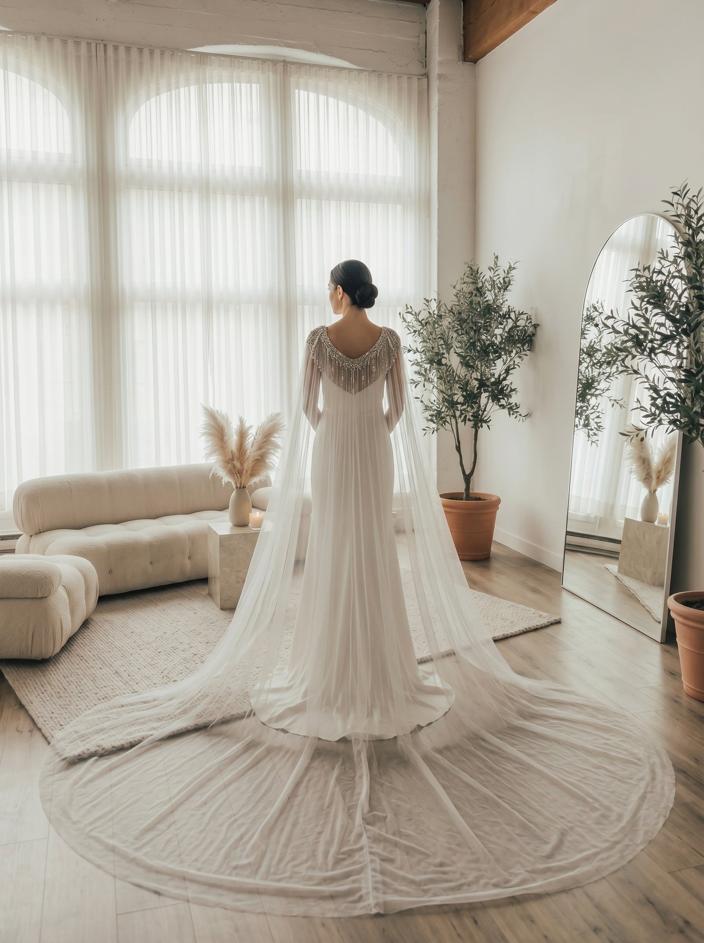 Sparkly Sequin Tassel Bridal Cape Veil - 118 Inch Cathedral Length Wedding Cape Soft Tulle Cathedral Bridal Train Shawl LUNA-X232