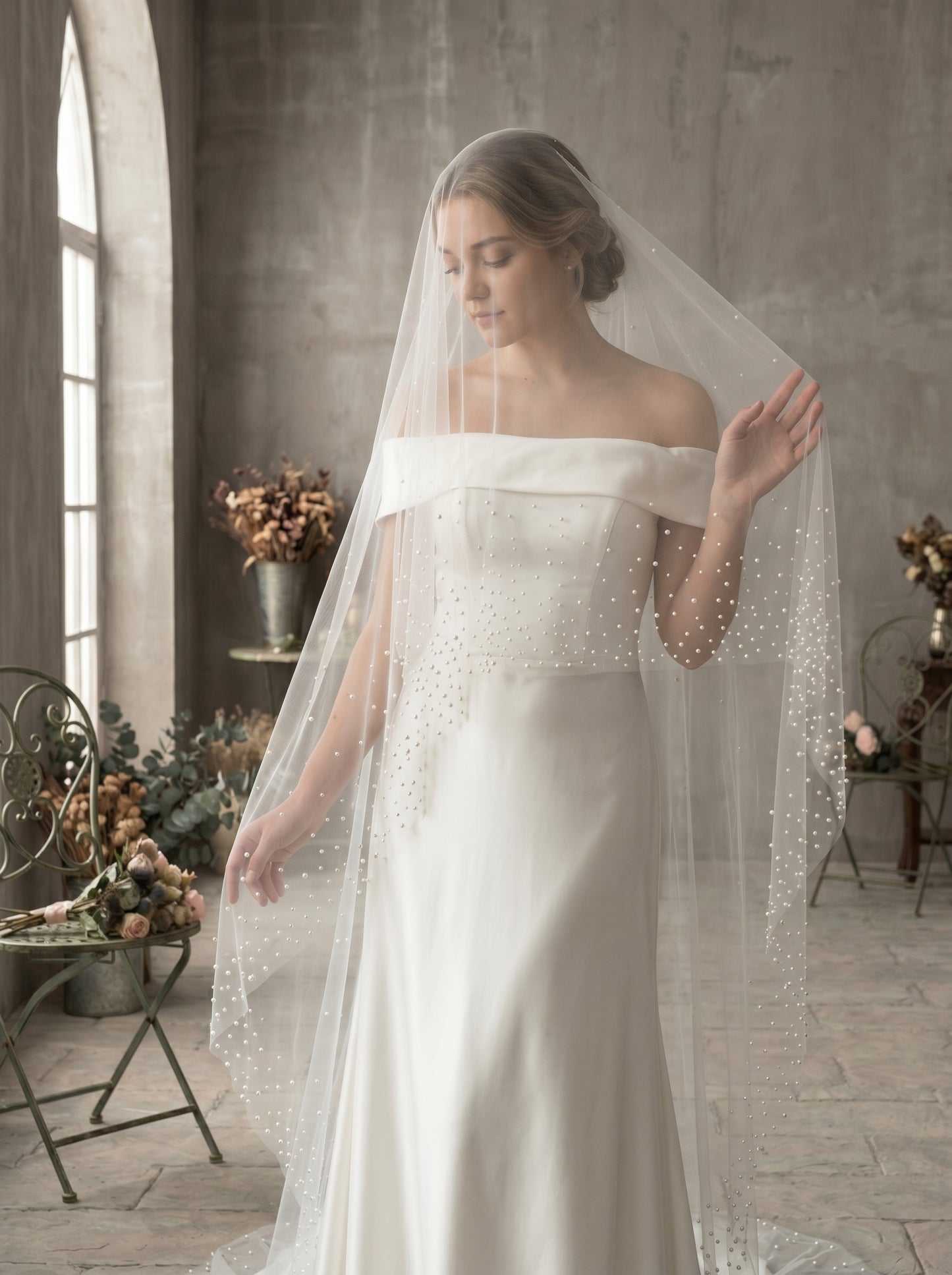 3M No Comb Pearl Wedding Veil, 118" Long 63" Wide Single Tier Cathedral Veil, Milk White Soft Netting Blusher Veil with Scattered Pearls LUNA-X92