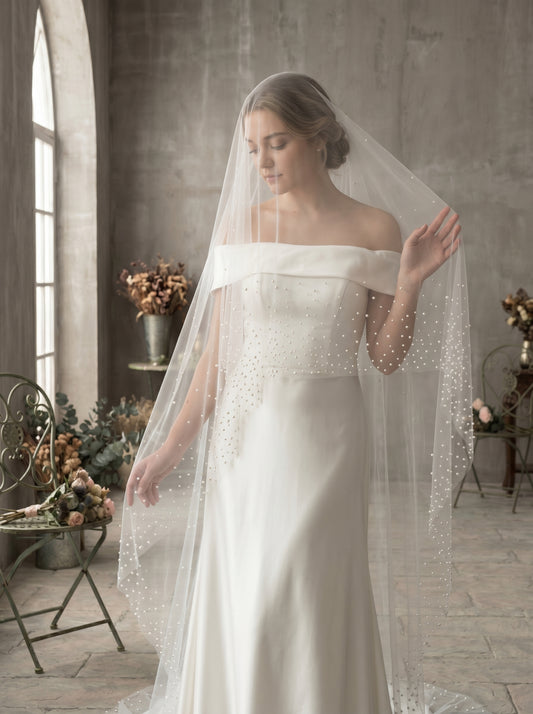 3M No Comb Pearl Wedding Veil, 118" Long 63" Wide Single Tier Cathedral Veil, Milk White Soft Netting Blusher Veil with Scattered Pearls LUNA-X92