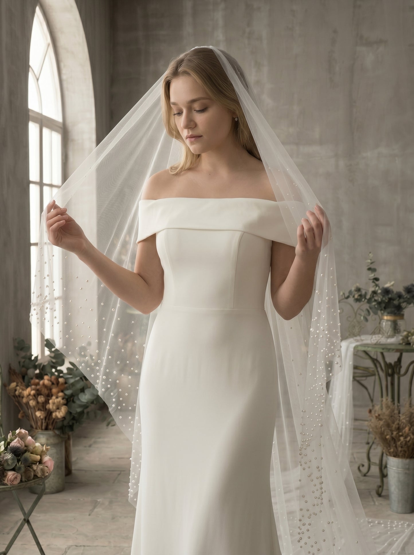 3M No Comb Pearl Wedding Veil, 118" Long 63" Wide Single Tier Cathedral Veil, Milk White Soft Netting Blusher Veil with Scattered Pearls LUNA-X92