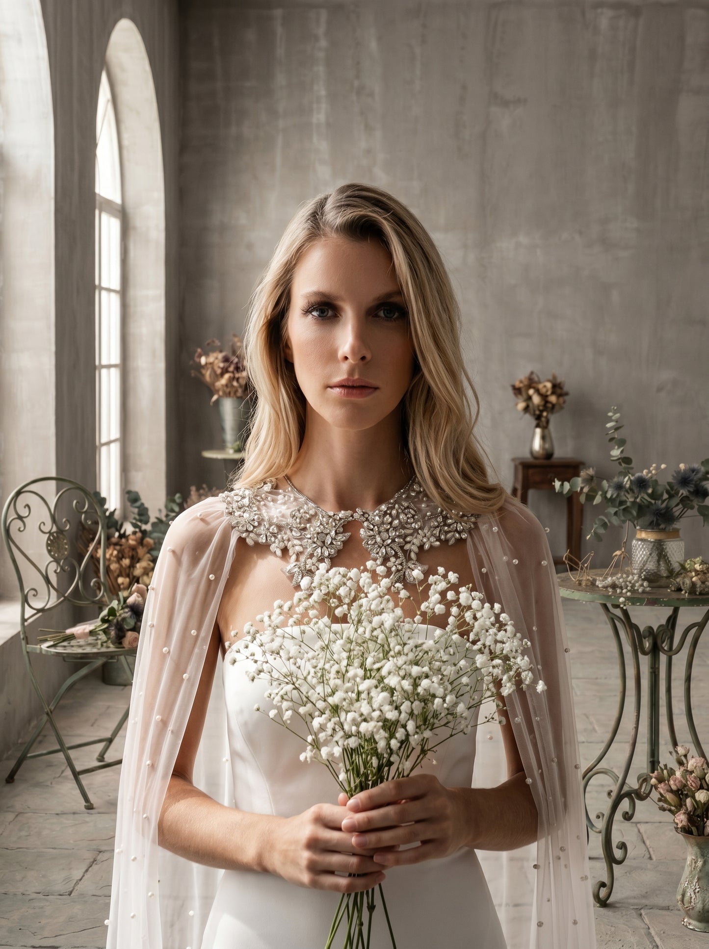 Cathedral Pearl Bridal Cape Veil with Rhinestone Collar - Luxury 300x300cm Detachable Wedding Cape Jewelry Statement   LUNA-X223