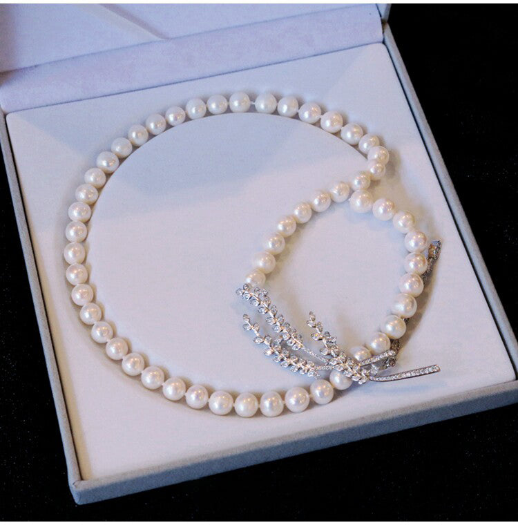 "Audrey's Garden" Freshwater Pearl & Marquise Zircon Leaf Drop Necklace, Platinum Plated Bridal & Timeless Cocktail Statement Jewelry LUNA-X167