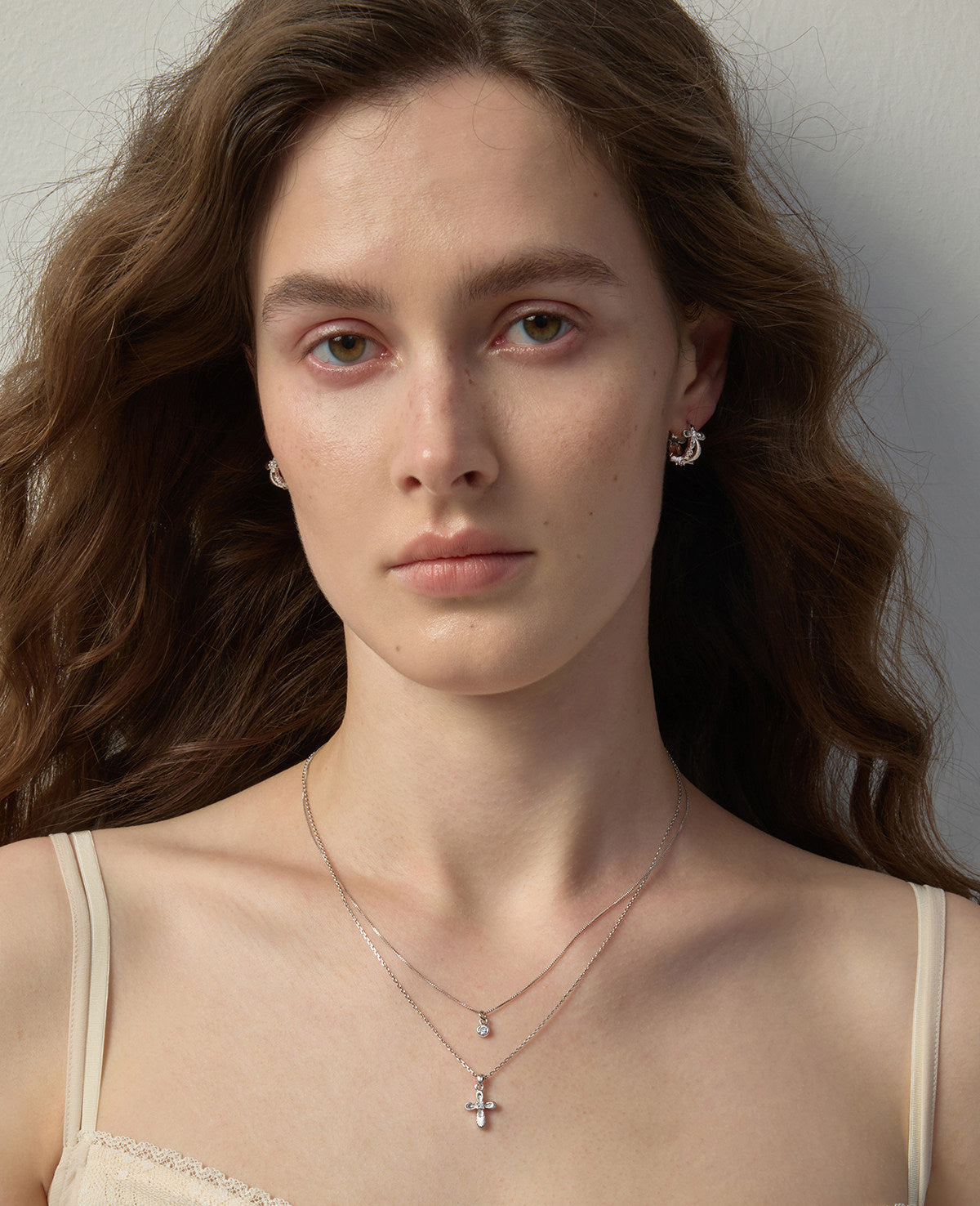 Two Layer Textured Cross & Single CZ Bezel Pendant Necklace, Dainty Stackable Adjustable Chain for Women  LUNA-X254