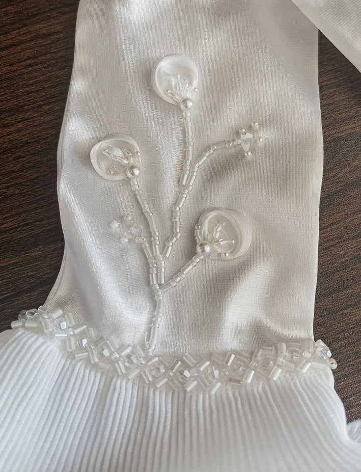 Lily of the Valley Satin Bridal Gloves - Hand-Beaded Pearl Floral Wedding Gloves - Vintage Pleated Ruffle Edge Prom & Evening Mittens (38cm/28cm) LUNA-X320