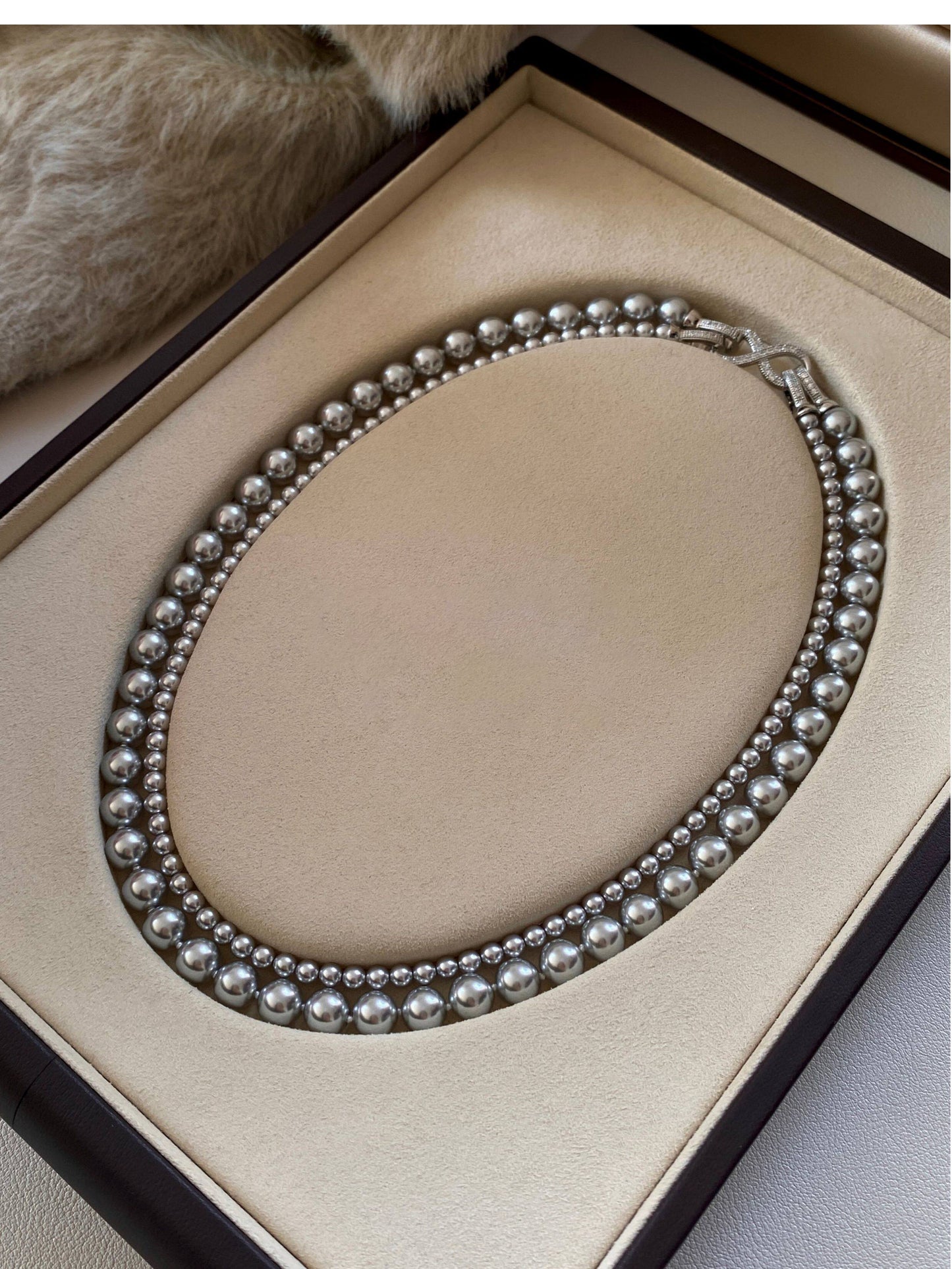 Double Layer Gradient Pearl Choker Necklace for Women, Two-Tier Australian White & Gray Madama Pearls 4/6mm+8/10mm Adjustable 44-46cm Collarbone Chain Crystal Infinity Clasp Wedding Bridal Statement Fine Jewelry Gift  LUNA-X294