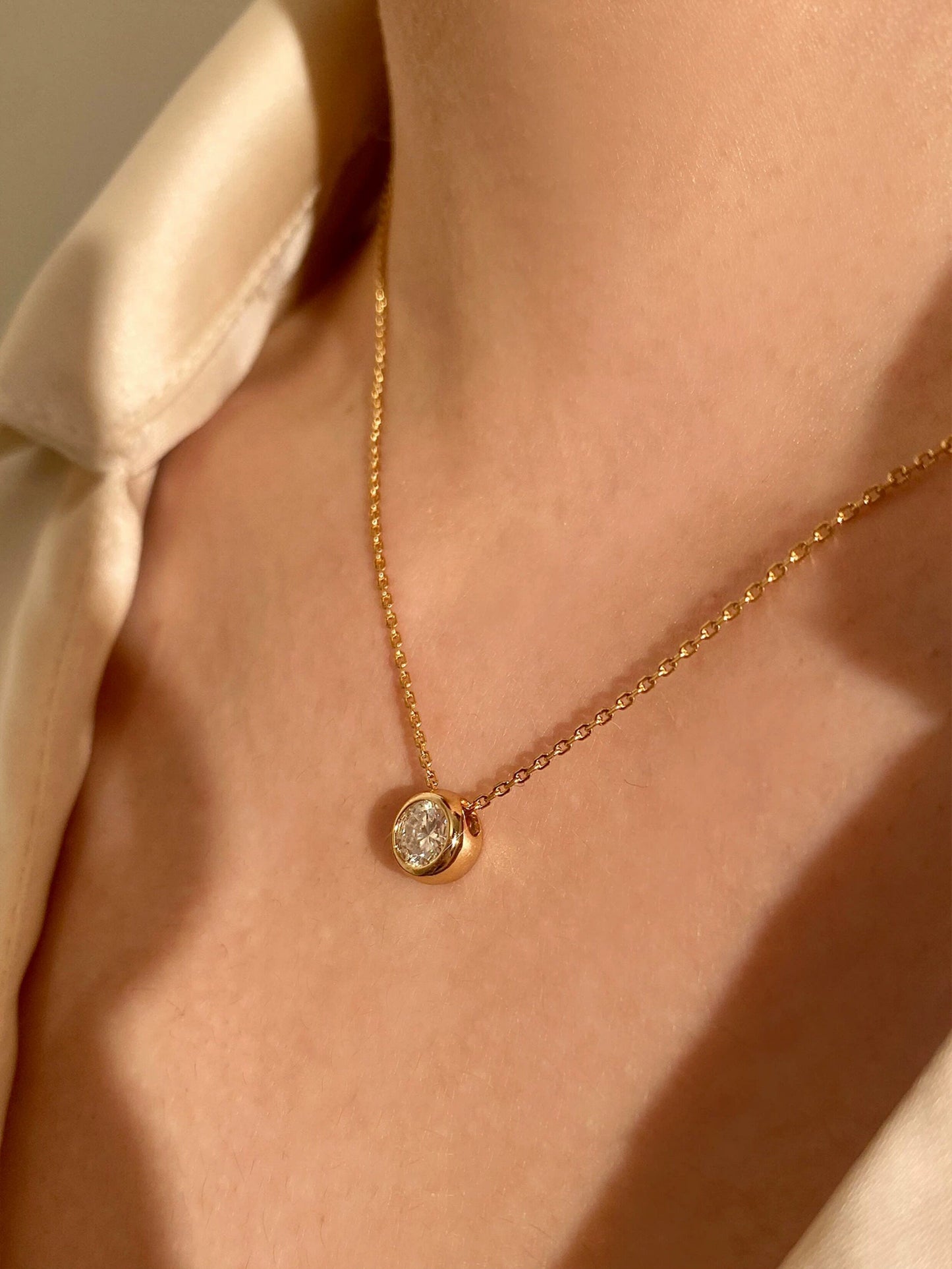 Dainty 60pt Moissanite Bezel Solitaire Gold Necklace for Women, Minimalist Round Bubble Pendant Adjustable 40+5cm Chain Daily Wear Fine Jewelry Gift  LUNA-X289
