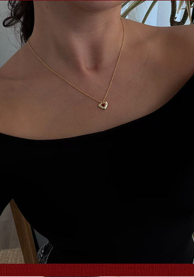 18K Gold Plated Hammered Red Enamel Heart Pendant Necklace For Women Dainty Adjustable 40+5cm Cable Chain Minimalist Romantic Valentines Daily Layering Jewelry Gift For Girlfriend LUNA-X278