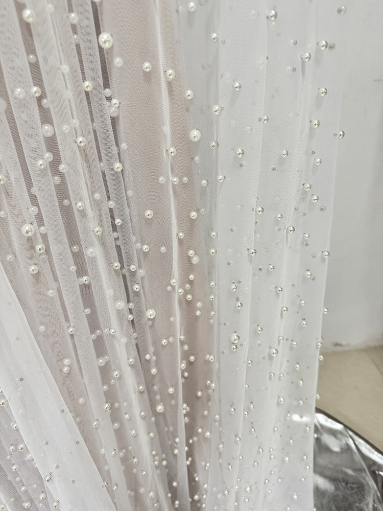 Ethereal Pearl Beaded Bridal Cape Dress - Halter Neck Open Back Wedding Reception Gown - Luxury Pearlcore Floor-Length Bridal Dress  LUNA-X233