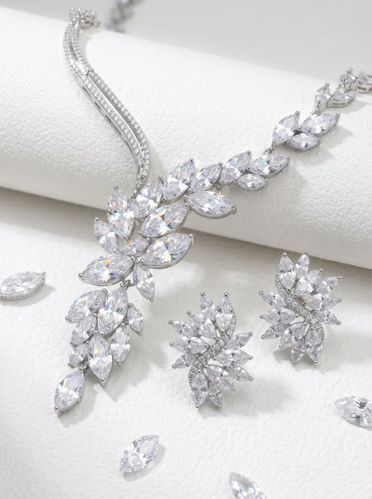 "Goddess of Laurel" Vintage Asymmetric Wedding Jewelry Set, Radiant Cluster Leaf Choker, Statement Floral Earrings & Adjustable Bracelet Trio LUNA-X169