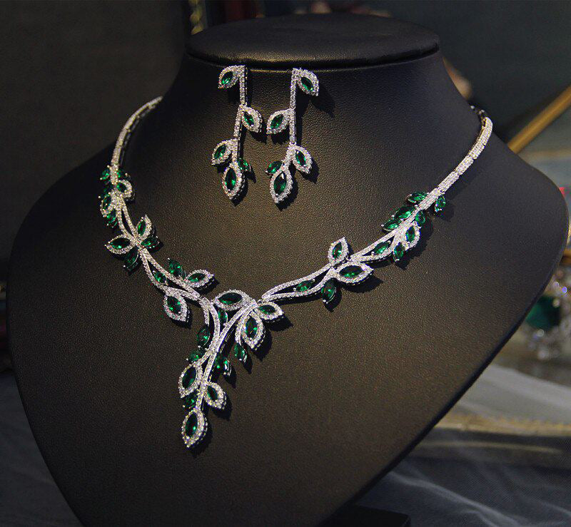 Botanical Vine Bridal Jewelry Set, Luxury Marquise CZ Leaf Necklace & 4.2cm Dangle Earrings Set for Wedding, Royal Blue & Emerald Green  LUNA-X173