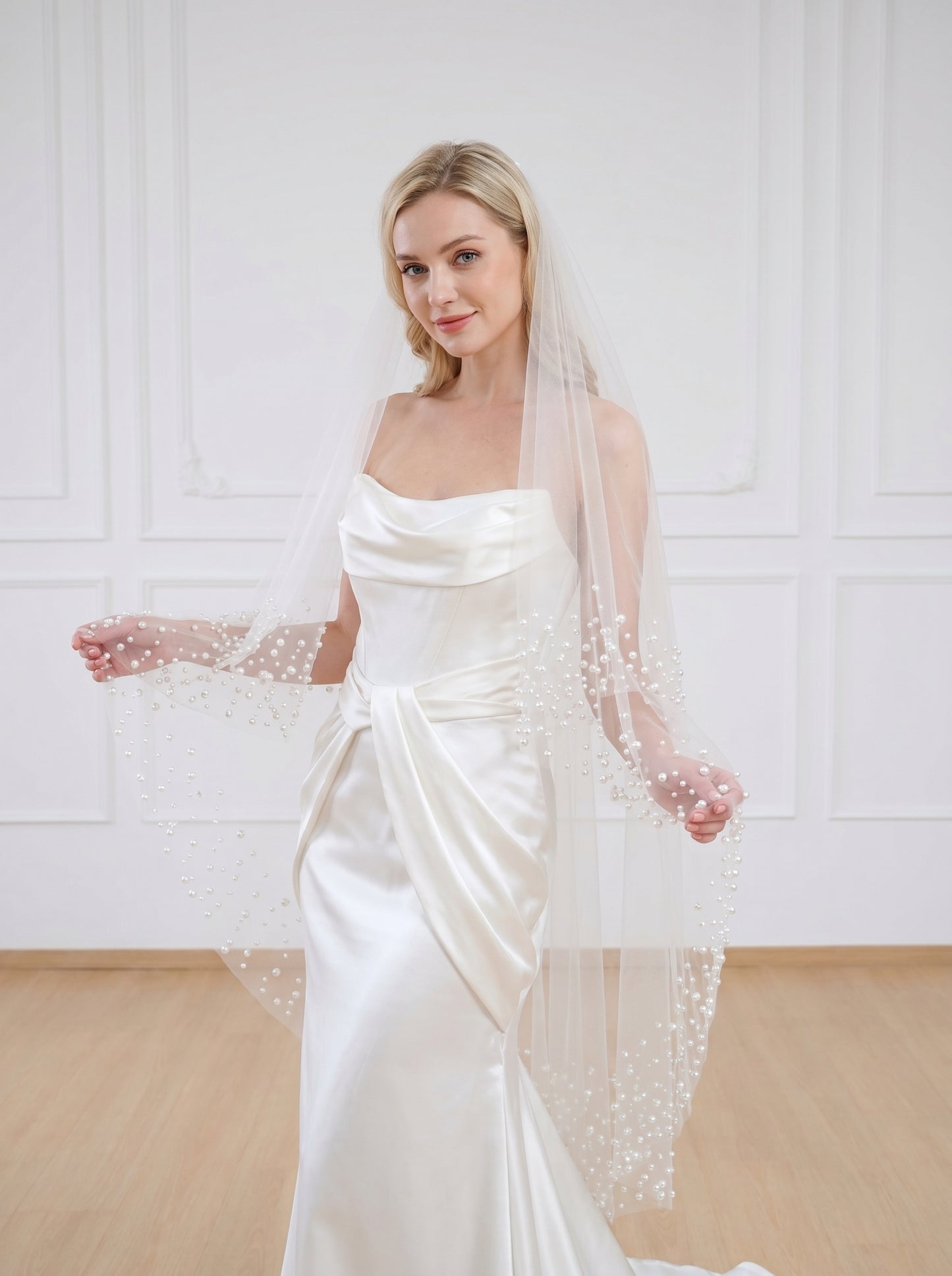 Minimalist Wide Fingertip Wedding Veil - 60" White Drop Veil, No Comb for Custom Blusher or Hairpiece Styling  LUNA-X09