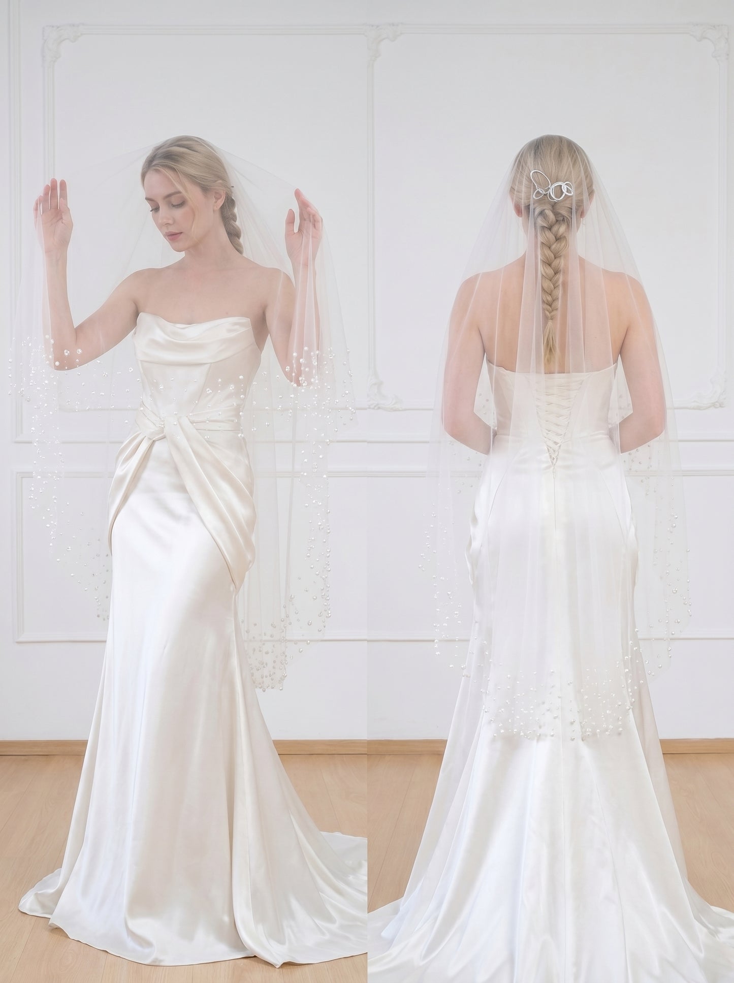 Minimalist Wide Fingertip Wedding Veil - 60" White Drop Veil, No Comb for Custom Blusher or Hairpiece Styling  LUNA-X09
