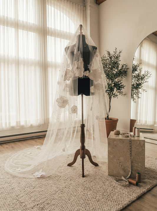 Romantic Flower Cathedral Wedding Veil - 2m x 3m Single Layer Floral Bridal Veil, Comb-Free Ethereal 3D Blossom Veil  LUNA-X37