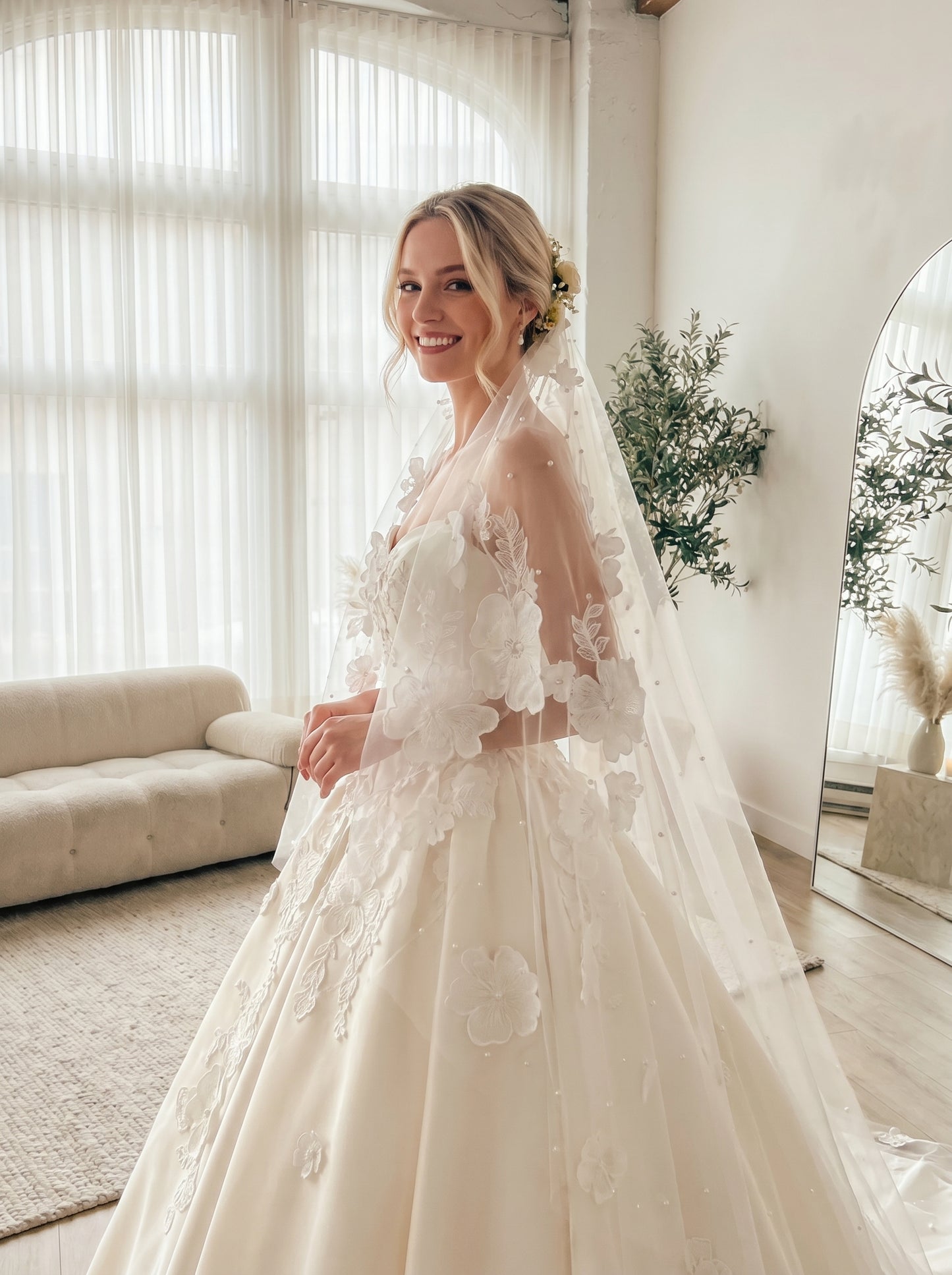 Romantic Flower Cathedral Wedding Veil - 2m x 3m Single Layer Floral Bridal Veil, Comb-Free Ethereal 3D Blossom Veil  LUNA-X37