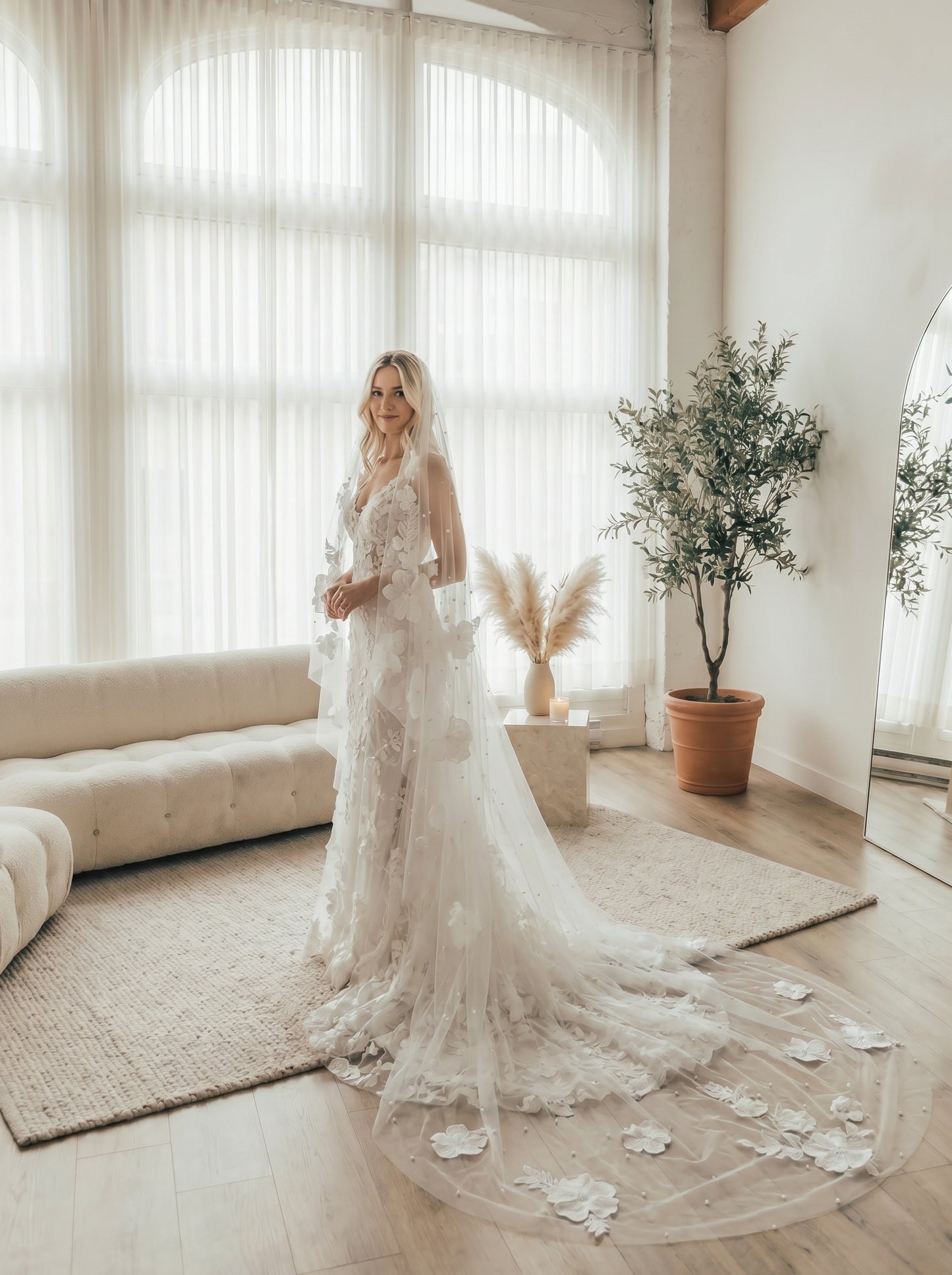 Romantic Flower Cathedral Wedding Veil - 2m x 3m Single Layer Floral Bridal Veil, Comb-Free Ethereal 3D Blossom Veil  LUNA-X37