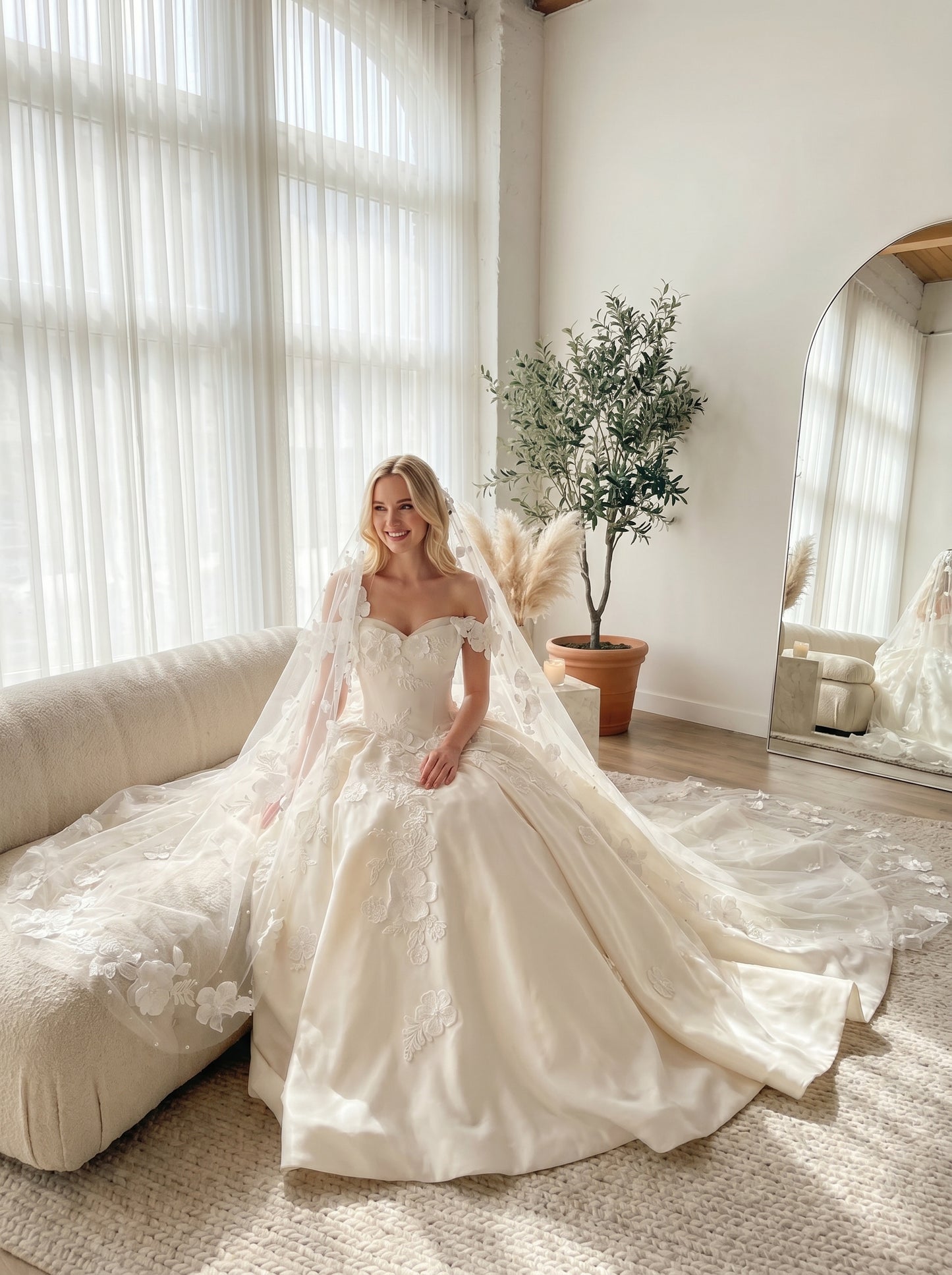 Romantic Flower Cathedral Wedding Veil - 2m x 3m Single Layer Floral Bridal Veil, Comb-Free Ethereal 3D Blossom Veil  LUNA-X37