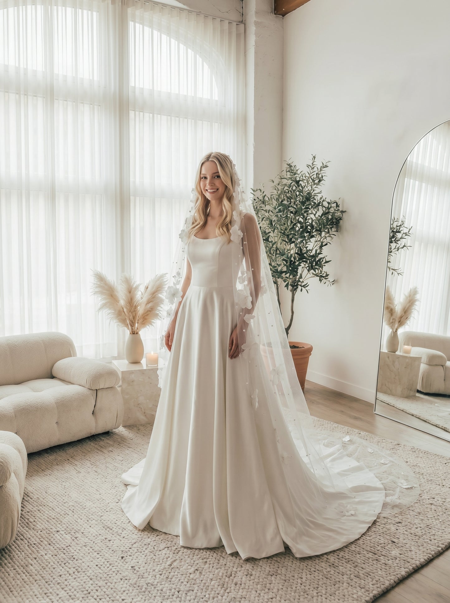 Romantic Flower Cathedral Wedding Veil - 2m x 3m Single Layer Floral Bridal Veil, Comb-Free Ethereal 3D Blossom Veil  LUNA-X37
