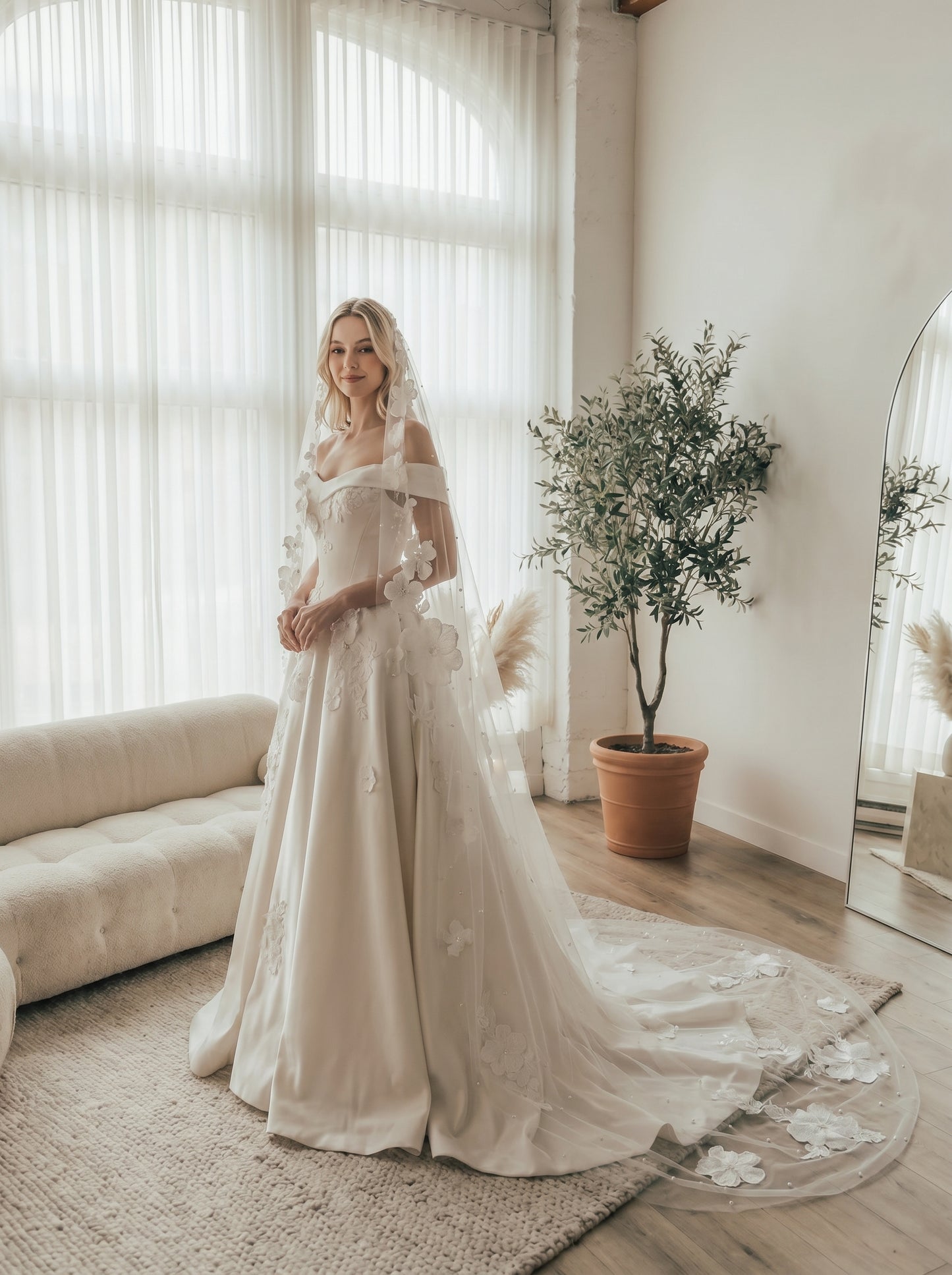 Romantic Flower Cathedral Wedding Veil - 2m x 3m Single Layer Floral Bridal Veil, Comb-Free Ethereal 3D Blossom Veil  LUNA-X37
