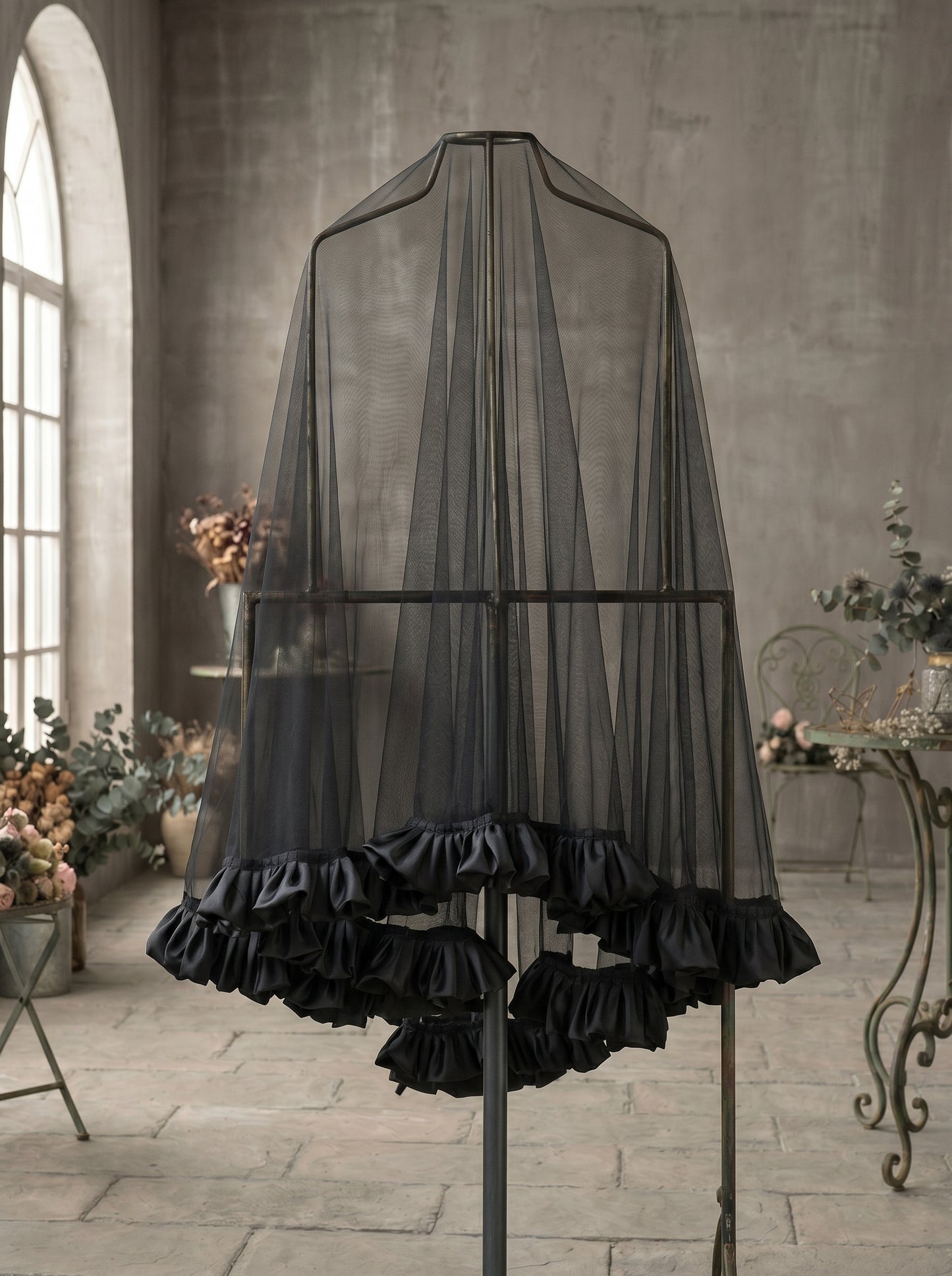 Single Layer Black Wedding Veil for Bride No Comb, 160cm x 160cm Square Soft Mesh Veil with Satin Flounce Border, Gothic Bridal Boudoir Veil  LUNA-X80