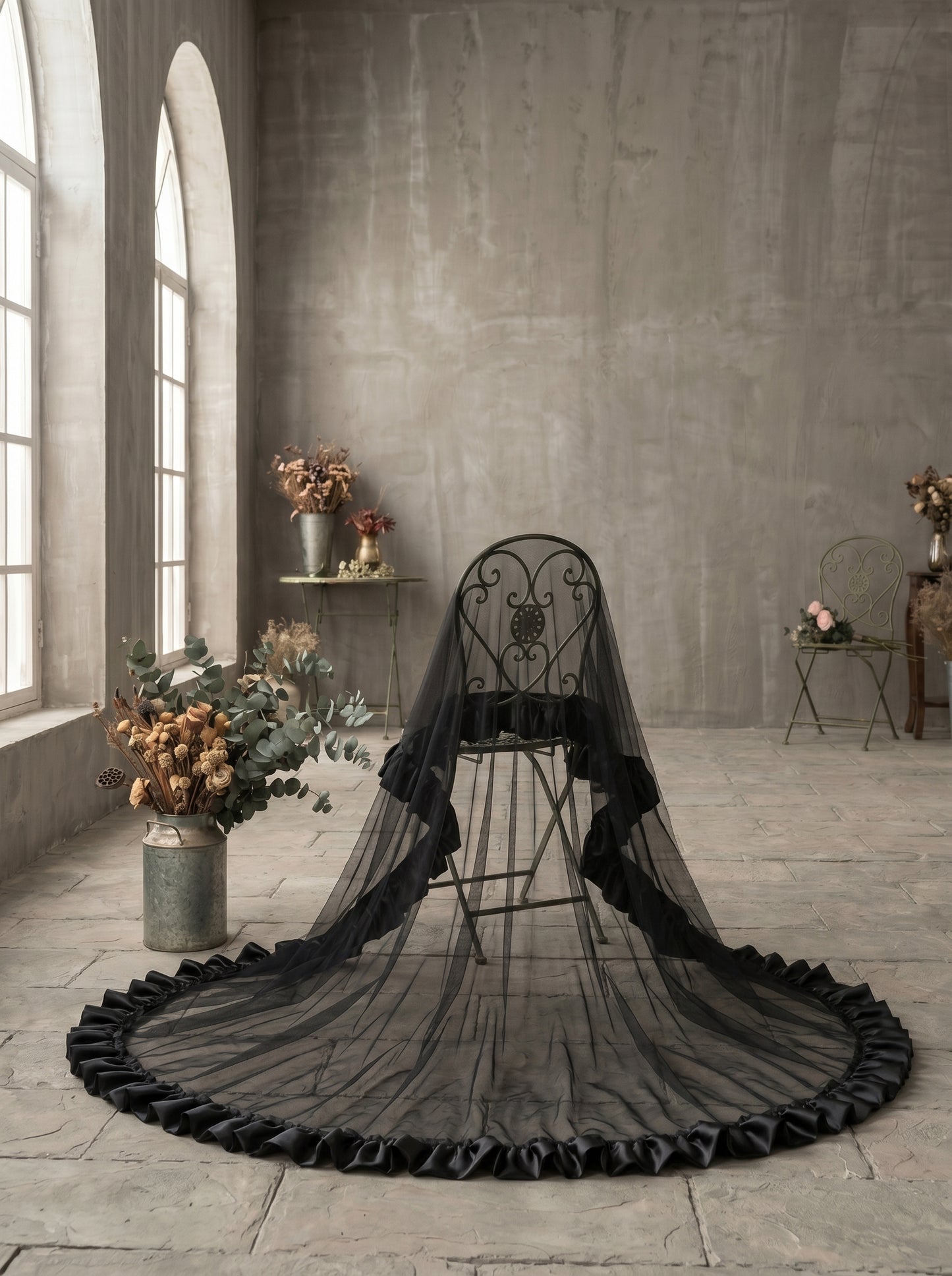 Single Layer Black Wedding Veil for Bride No Comb, 160cm x 160cm Square Soft Mesh Veil with Satin Flounce Border, Gothic Bridal Boudoir Veil  LUNA-X80