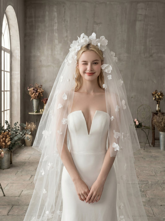 Classic Two-Tier Chapel Wedding Veil - 82" Elegant Soft Tulle Veil with 35" Blusher & Attached Comb LUNA-X21