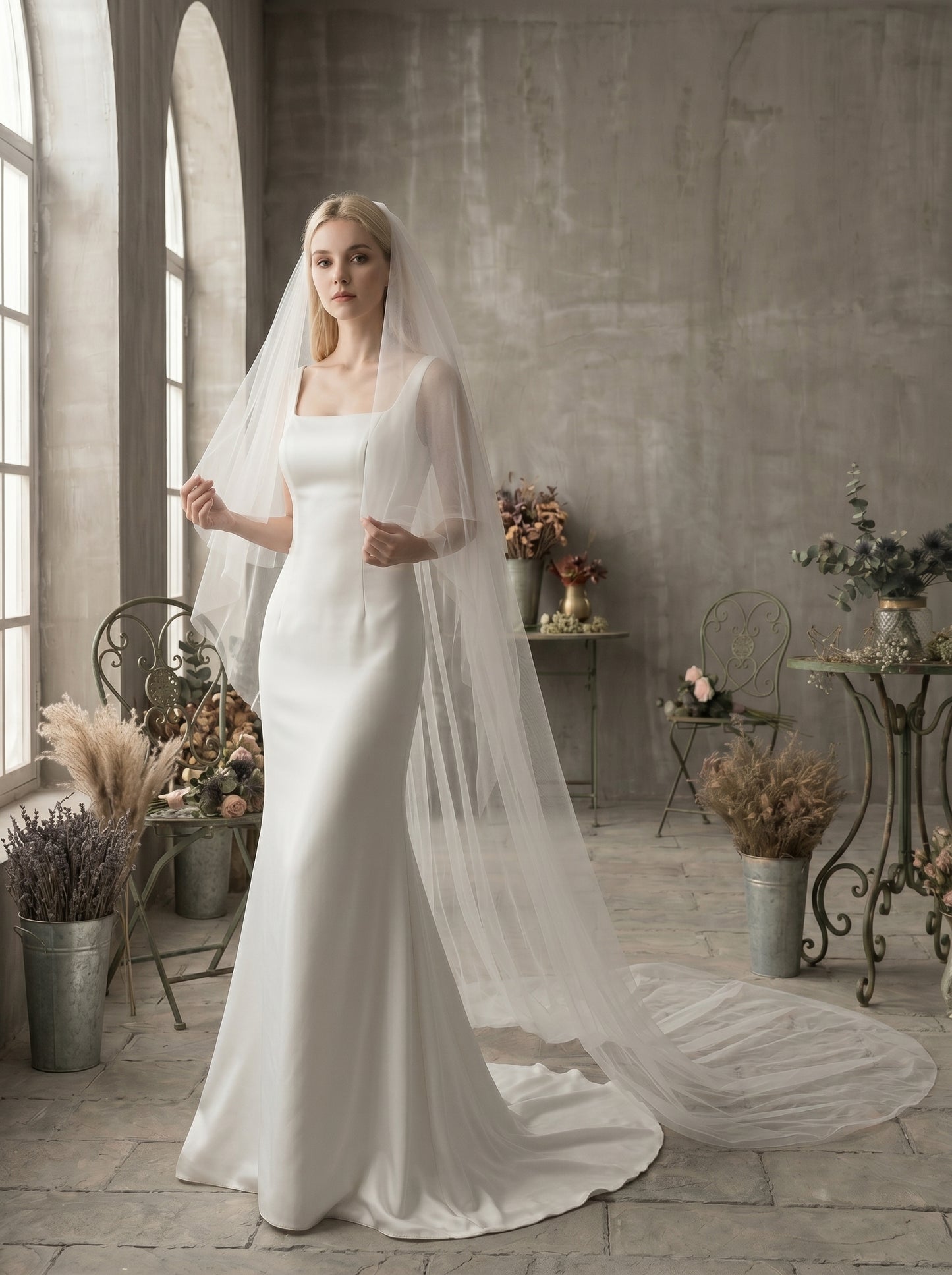 Luxury 2-Tier Structured Horsehair Edge Cathedral Veil - Milk White Swiss Tulle Wedding Veil with Comb, Cascading Ribbon Trim Blusher Veil LUNA-X73
