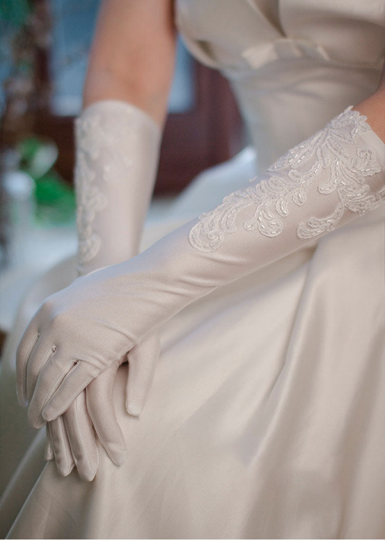 White Stretch Satin Bridal Gloves - 37cm Elbow Length Wedding Gloves with Hand-Beaded Lace Appliqué - Vintage Old Hollywood Classic Prom Mittens LUNA-X311