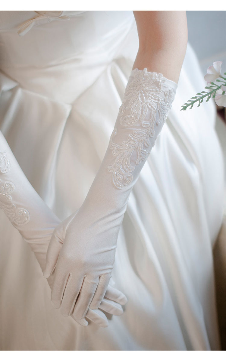 White Stretch Satin Bridal Gloves - 37cm Elbow Length Wedding Gloves with Hand-Beaded Lace Appliqué - Vintage Old Hollywood Classic Prom Mittens LUNA-X311
