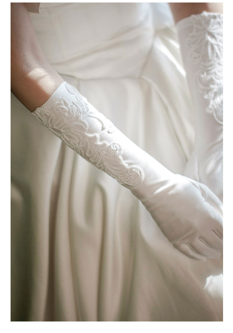 White Stretch Satin Bridal Gloves - 37cm Elbow Length Wedding Gloves with Hand-Beaded Lace Appliqué - Vintage Old Hollywood Classic Prom Mittens LUNA-X311