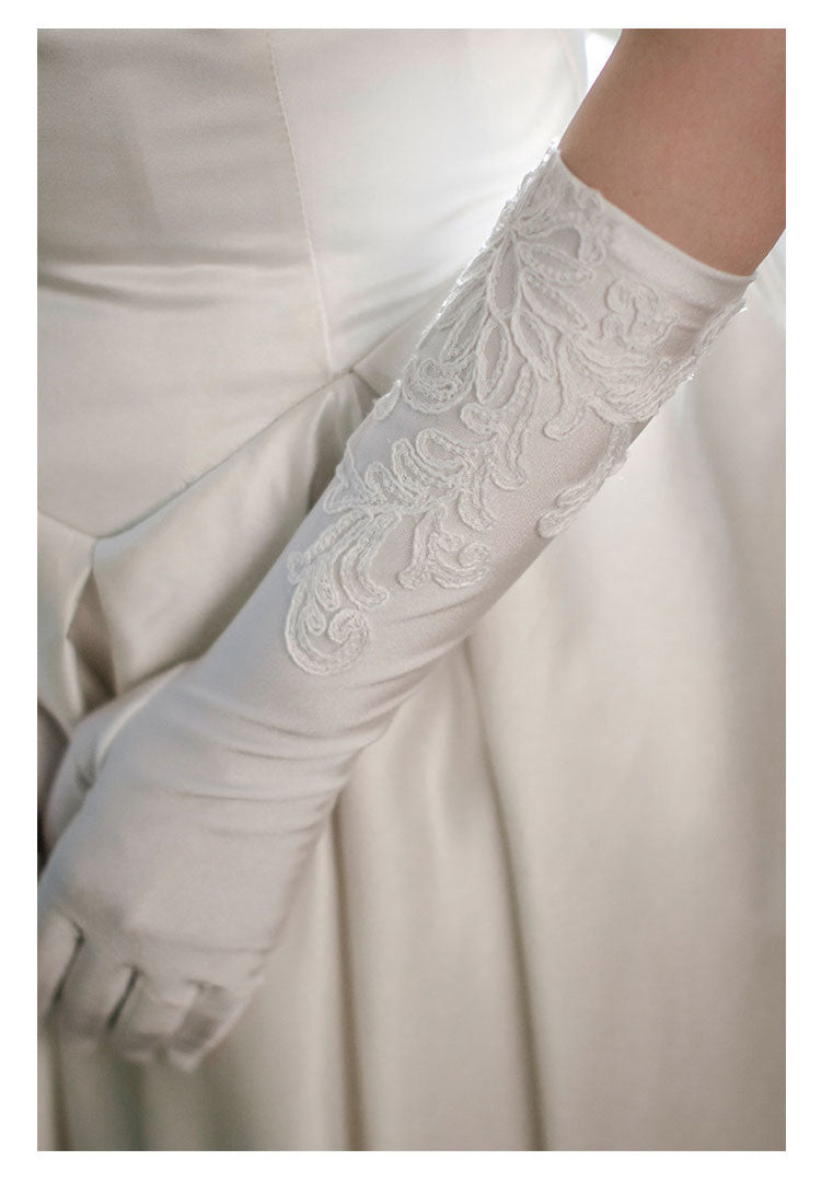 White Stretch Satin Bridal Gloves - 37cm Elbow Length Wedding Gloves with Hand-Beaded Lace Appliqué - Vintage Old Hollywood Classic Prom Mittens LUNA-X311