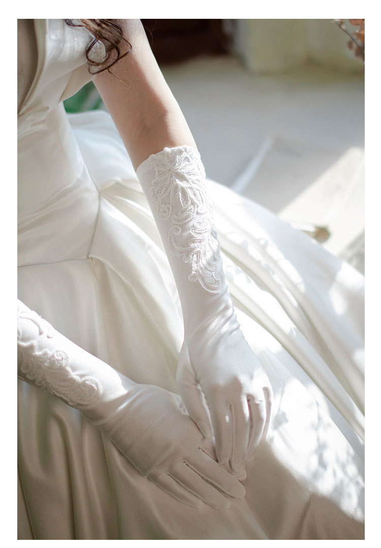 White Stretch Satin Bridal Gloves - 37cm Elbow Length Wedding Gloves with Hand-Beaded Lace Appliqué - Vintage Old Hollywood Classic Prom Mittens LUNA-X311