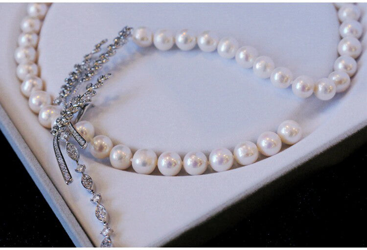 "Audrey's Garden" Freshwater Pearl & Marquise Zircon Leaf Drop Necklace, Platinum Plated Bridal & Timeless Cocktail Statement Jewelry LUNA-X167
