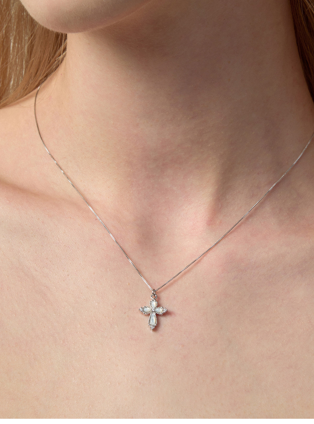 Women’s Vintage Filigree Hollow Cross Pendant Necklace, Two Sizes, Silver Rhodium Plated, Black Onyx / White Mother of Pearl & Cubic Zirconia Adjustable Chain LUNA-X258