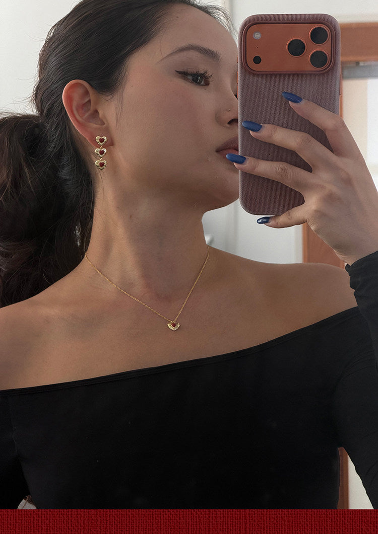 18K Gold Plated Hammered Red Enamel Heart Pendant Necklace For Women Dainty Adjustable 40+5cm Cable Chain Minimalist Romantic Valentines Daily Layering Jewelry Gift For Girlfriend LUNA-X278