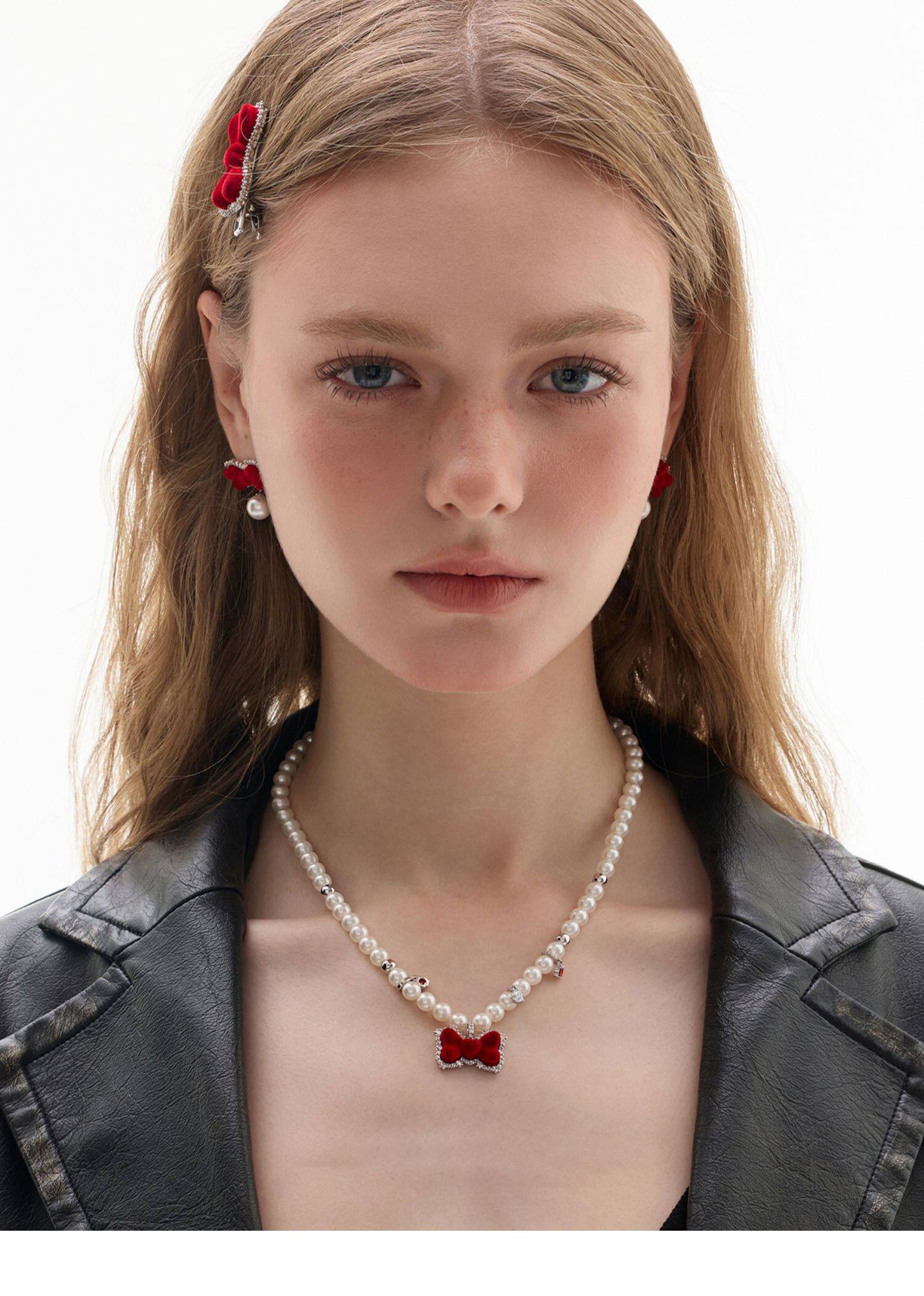 Red Velvet Bow Imitation Pearl Choker Necklace For Women Silver Plated Cubic Zirconia Dainty Crystal Drop Adjustable 42+5cm Chain Cute Sweet Lolita Party Statement Jewelry  LUNA-X275