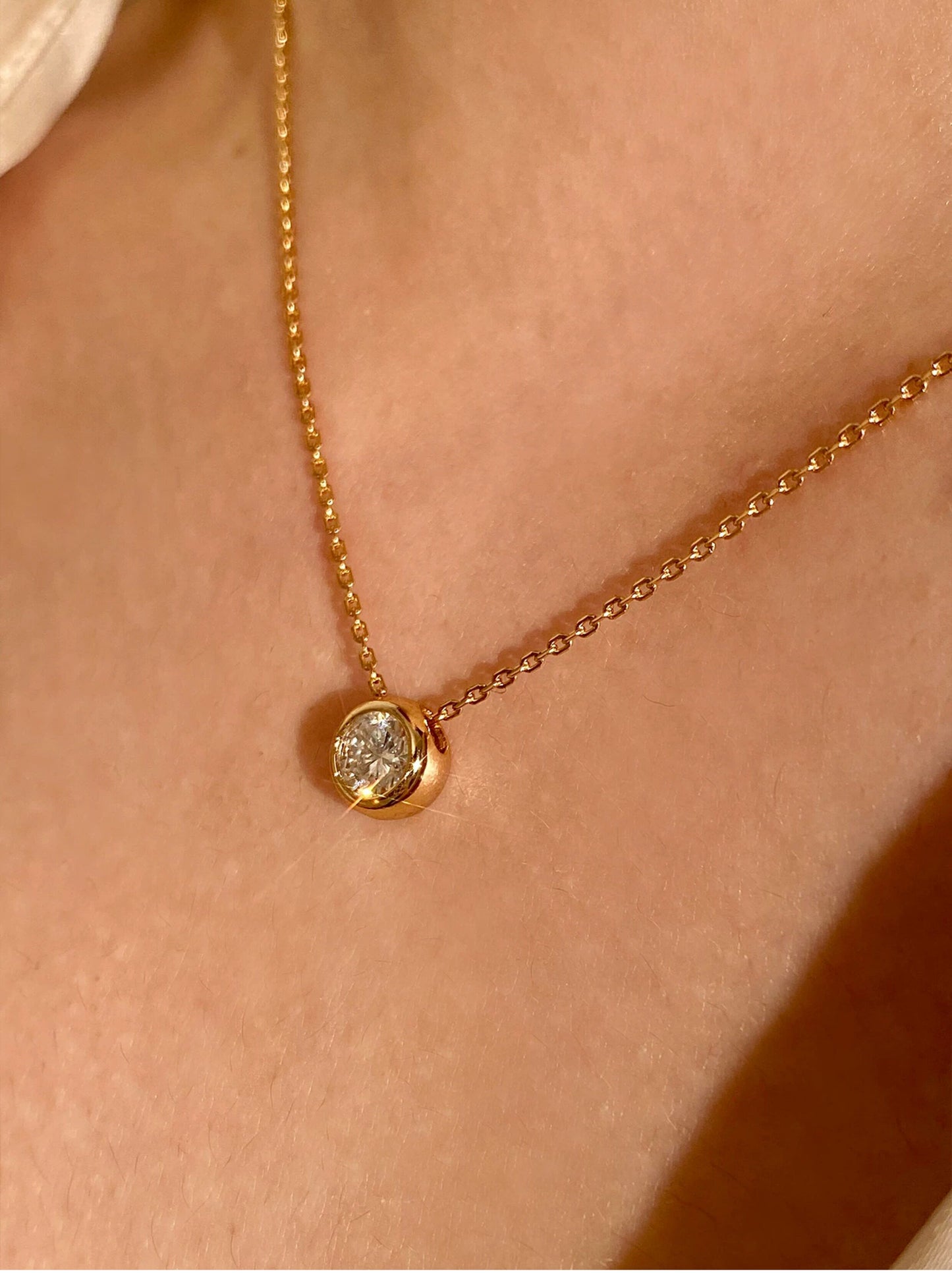 Dainty 60pt Moissanite Bezel Solitaire Gold Necklace for Women, Minimalist Round Bubble Pendant Adjustable 40+5cm Chain Daily Wear Fine Jewelry Gift  LUNA-X289