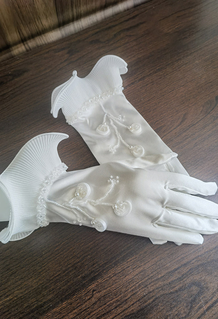 Lily of the Valley Satin Bridal Gloves - Hand-Beaded Pearl Floral Wedding Gloves - Vintage Pleated Ruffle Edge Prom & Evening Mittens (38cm/28cm) LUNA-X320