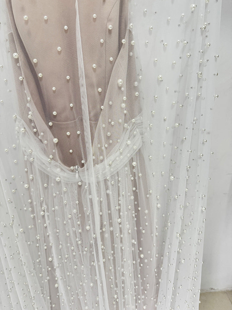 Ethereal Pearl Beaded Bridal Cape Dress - Halter Neck Open Back Wedding Reception Gown - Luxury Pearlcore Floor-Length Bridal Dress  LUNA-X233